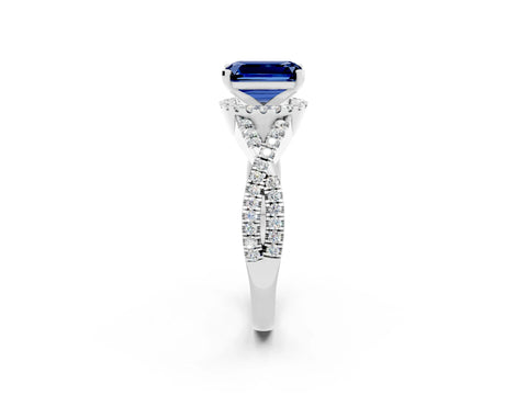 White gold Emerald Cut Blue Sapphire Halo Twist Band Solitaire Prong Setting Ring_2