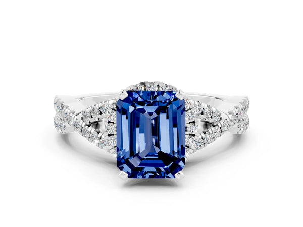 White gold Emerald Cut Blue Sapphire  Halo Twist Band Solitaire Prong Setting Ring