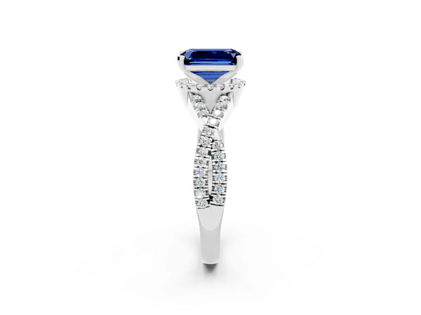 White gold Emerald Cut Blue Sapphire  Halo Twist Band Solitaire Prong Setting Ring