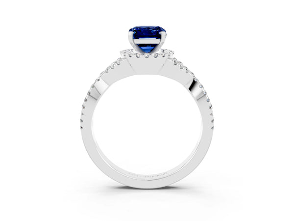 White gold Emerald Cut Blue Sapphire  Halo Twist Band Solitaire Prong Setting Ring