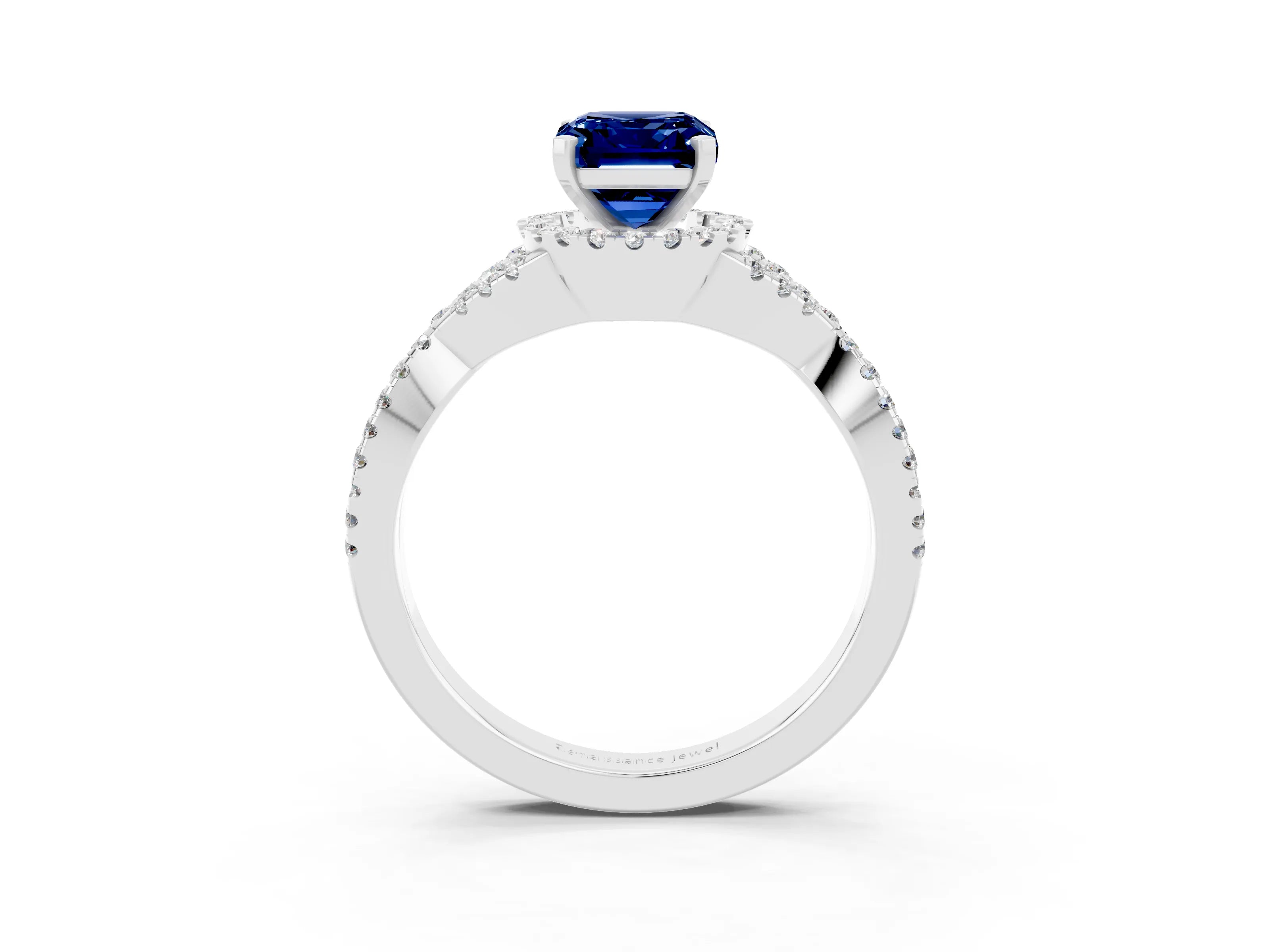 White gold Emerald Cut Blue Sapphire Halo Twist Band Solitaire Prong Setting Ring_3