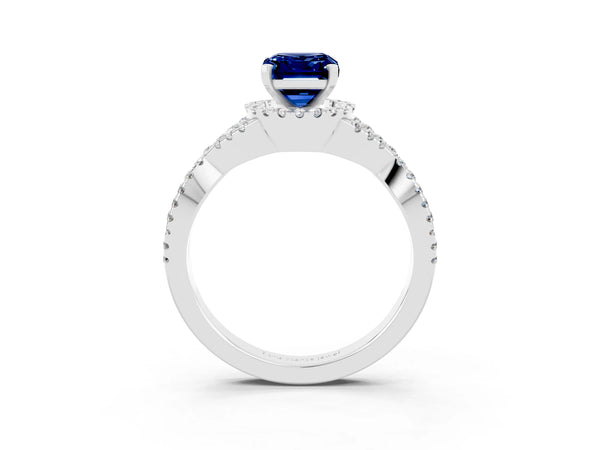 Silver Emerald Cut Blue Sapphire  Halo Twist Band Solitaire Prong Setting Ring