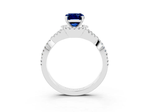 White gold Emerald Cut Blue Sapphire Halo Twist Band Solitaire Prong Setting Ring_3