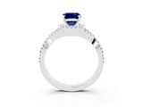 White gold Emerald Cut Blue Sapphire Halo Twist Band Solitaire Prong Setting Ring_3