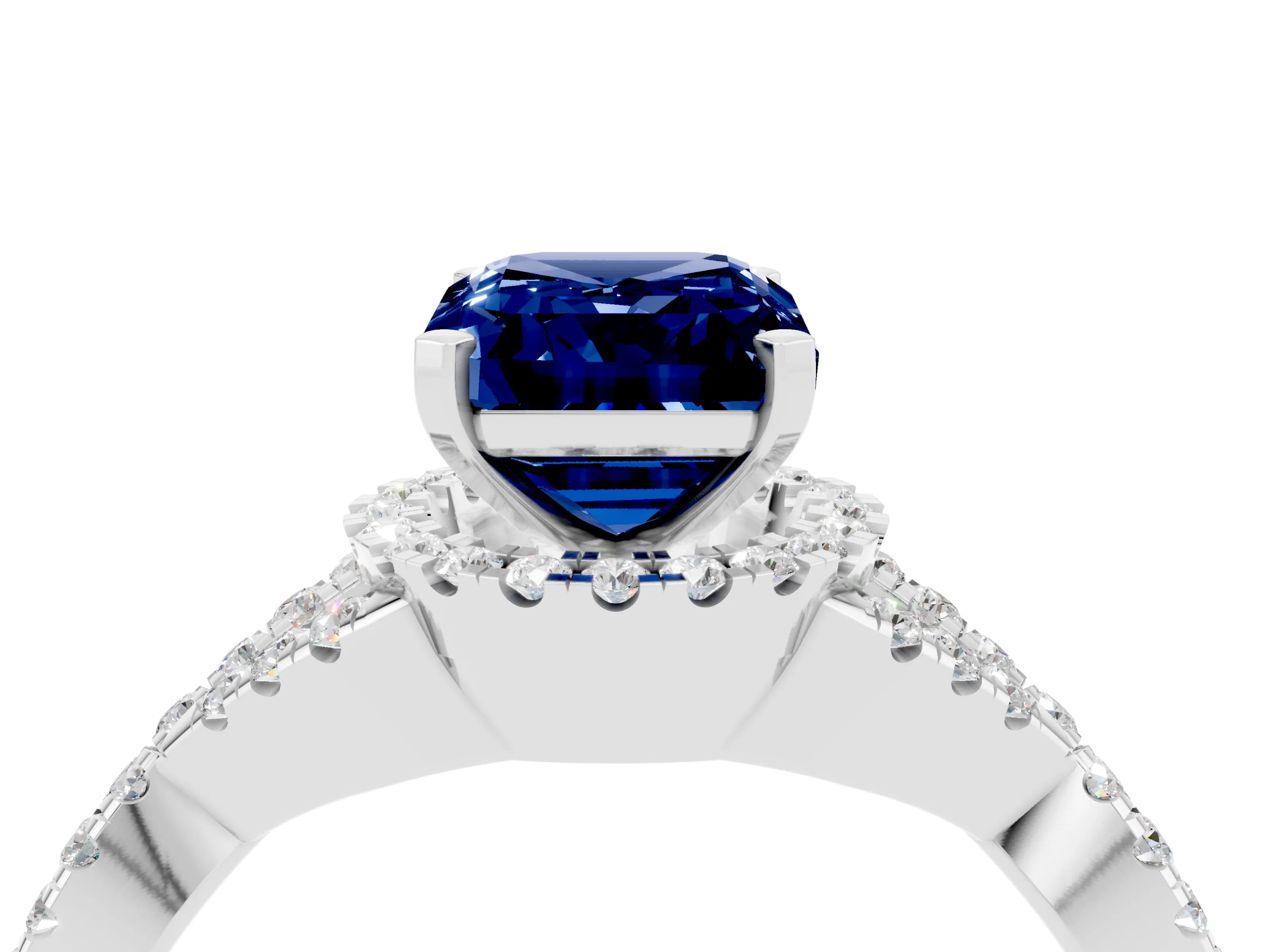 White gold Emerald Cut Blue Sapphire Halo Twist Band Solitaire Prong Setting Ring_4