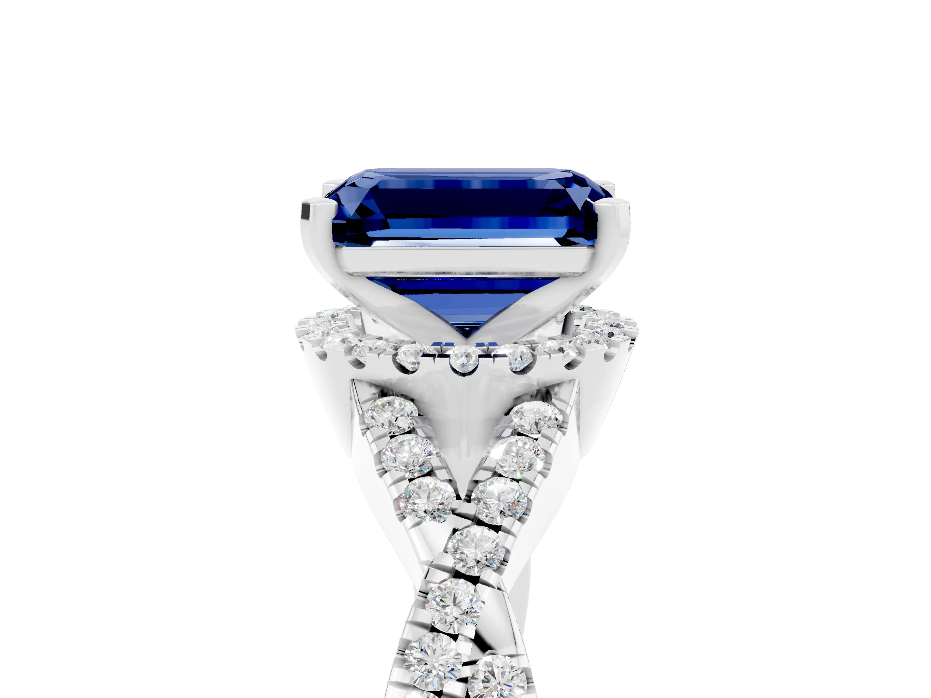 White gold Emerald Cut Blue Sapphire Halo Twist Band Solitaire Prong Setting Ring_5