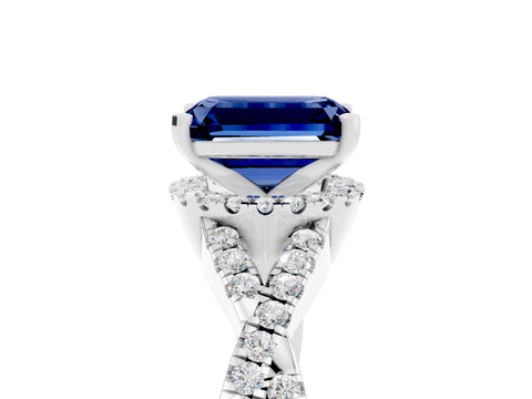 White gold Emerald Cut Blue Sapphire Halo Twist Band Solitaire Prong Setting Ring_5