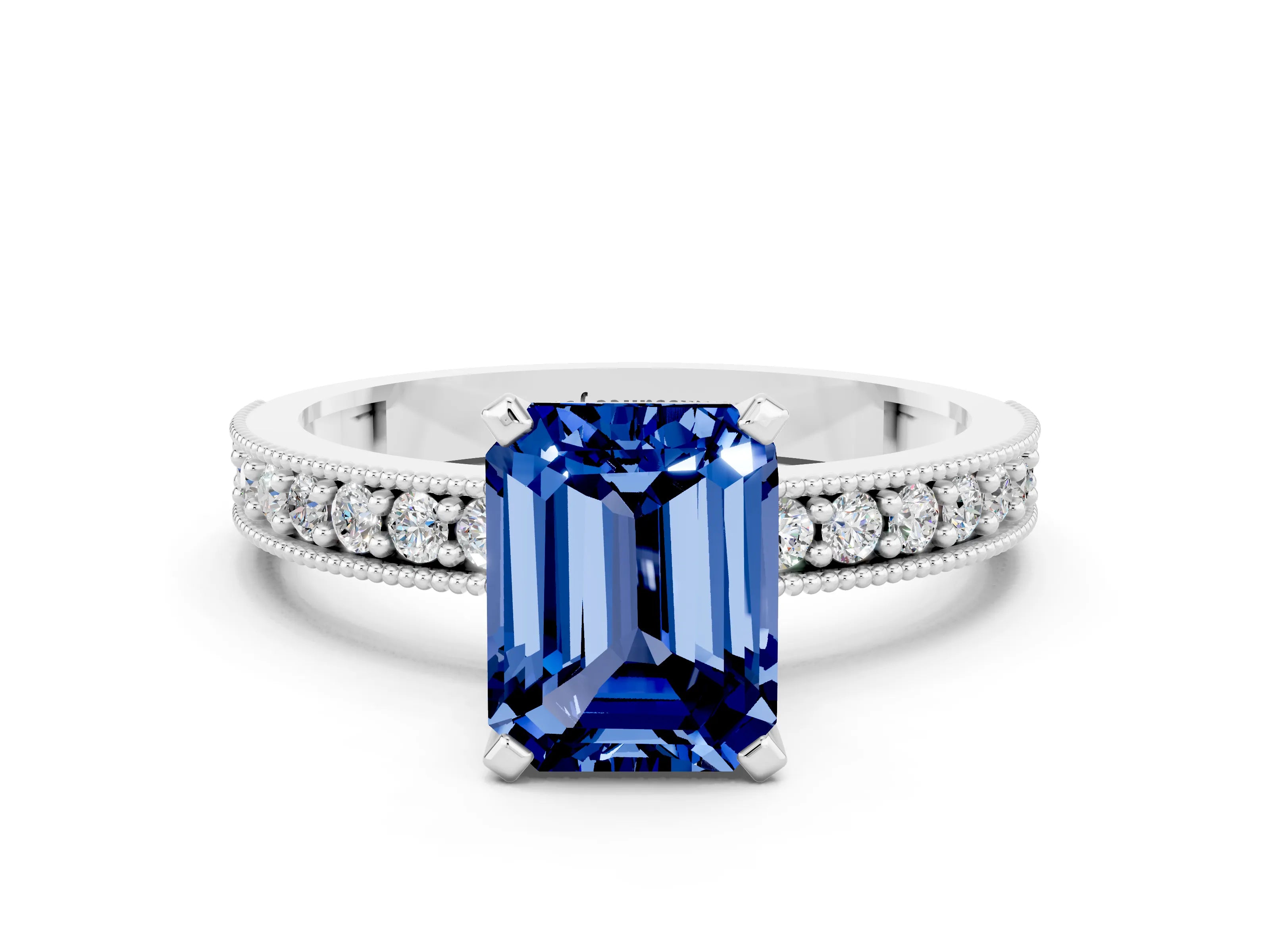 White gold Emerald Cut Blue Sapphire Milgrain Pavé Engagement Ring with Four-Prong Setting_12