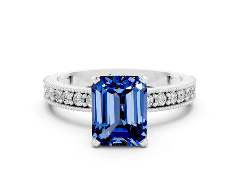 White gold Emerald Cut Blue Sapphire Milgrain Pavé Engagement Ring with Four-Prong Setting_12