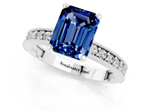 White gold Emerald Cut Blue Sapphire Milgrain Pavé Engagement Ring with Four-Prong Setting_13