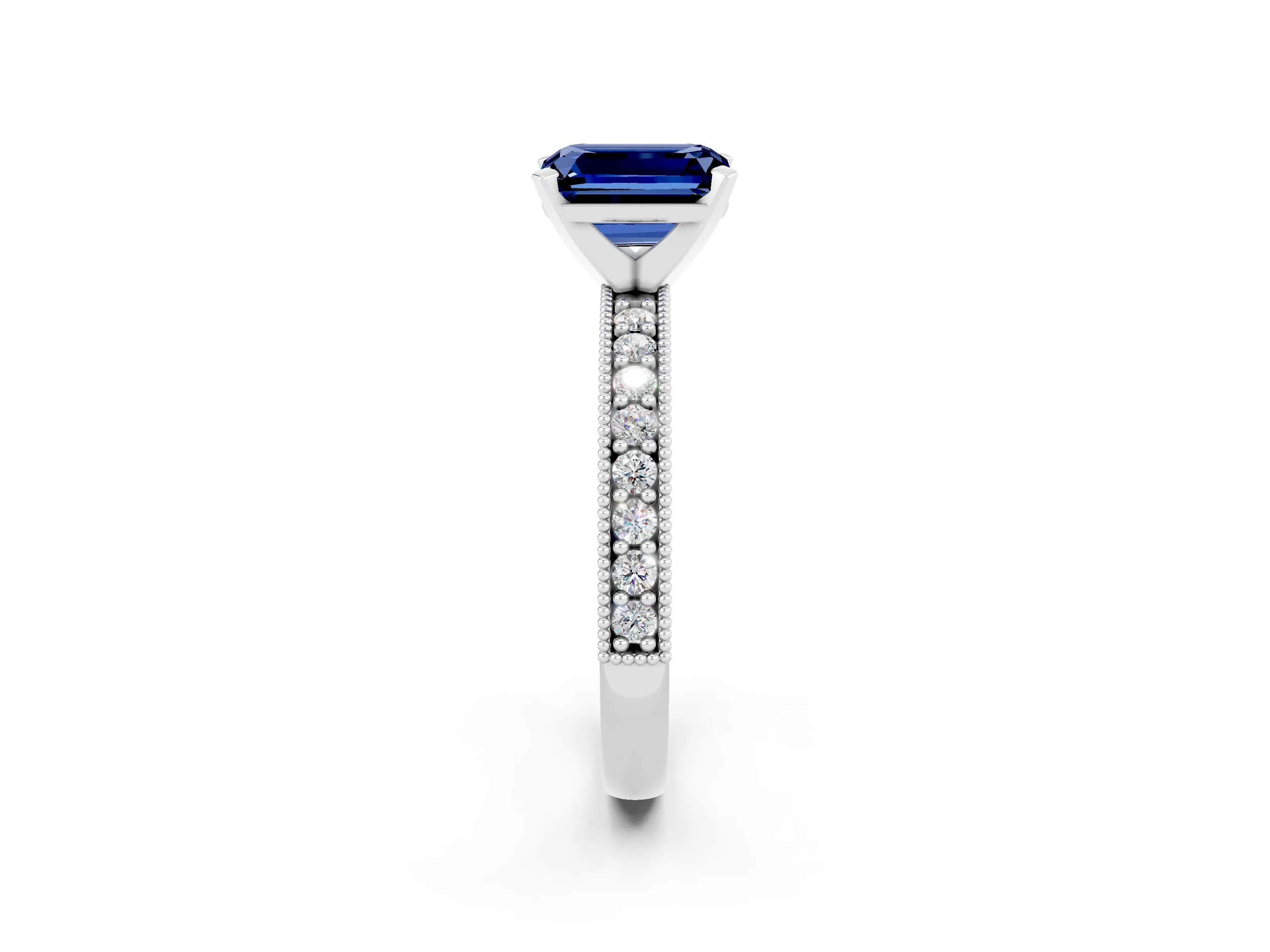 White gold Emerald Cut Blue Sapphire Milgrain Pavé Engagement Ring with Four-Prong Setting_14