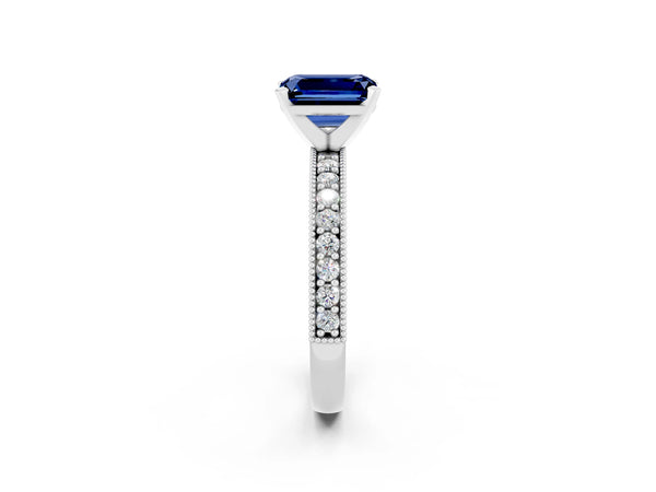 Silver Emerald Cut Blue Sapphire Milgrain Pavé Engagement Ring with Four-Prong Setting