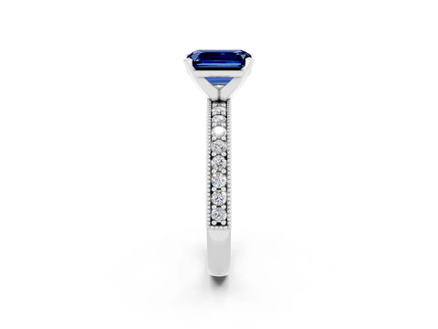 White gold Emerald Cut Blue Sapphire Milgrain Pavé Engagement Ring with Four-Prong Setting_14