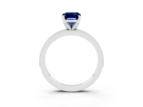 White gold Emerald Cut Blue Sapphire Milgrain Pavé Engagement Ring with Four-Prong Setting_15