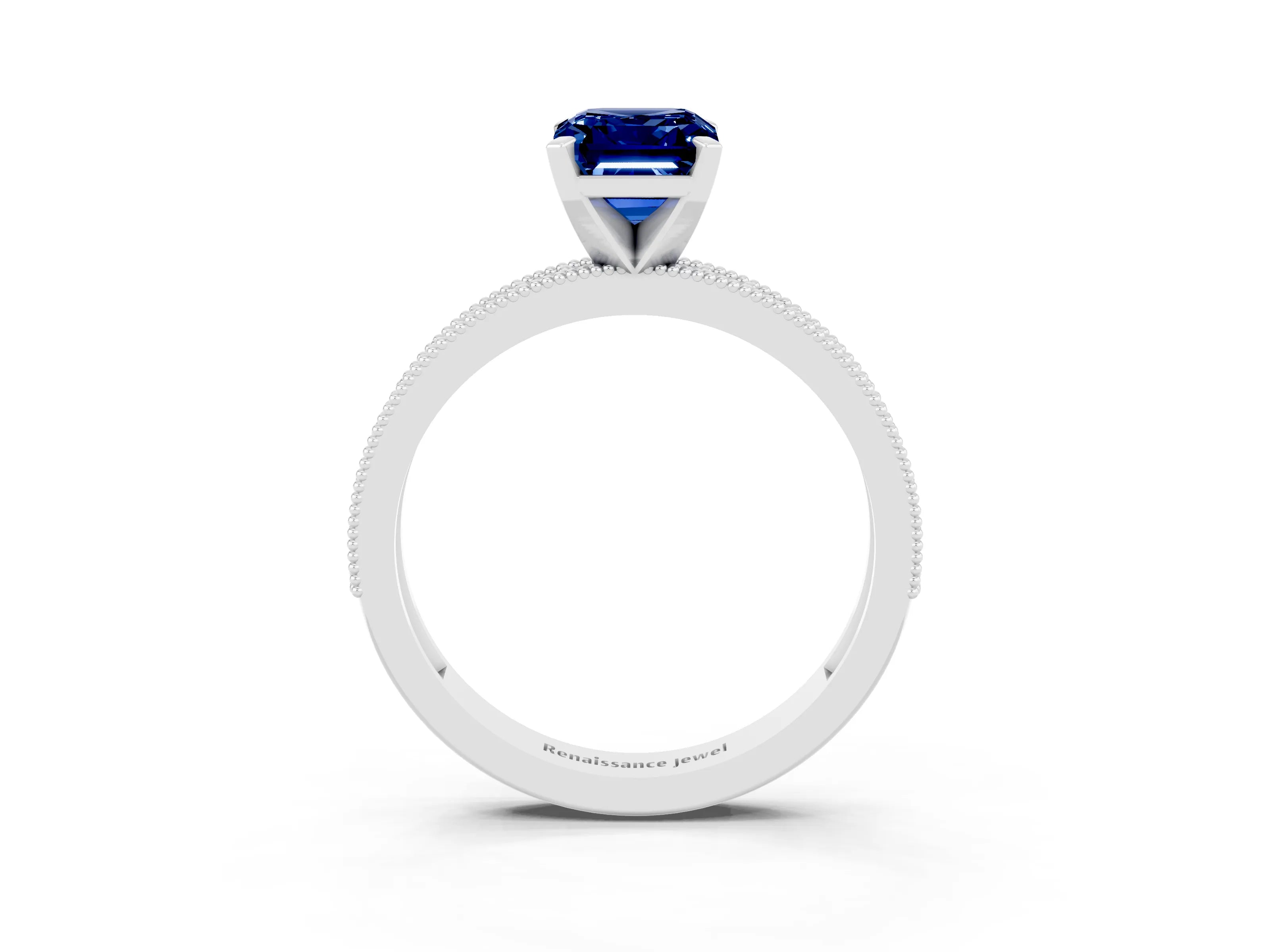 White gold Emerald Cut Blue Sapphire Milgrain Pavé Engagement Ring with Four-Prong Setting_15
