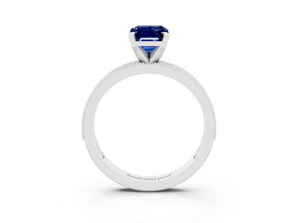 White gold Emerald Cut Blue Sapphire Milgrain Pavé Engagement Ring with Four-Prong Setting