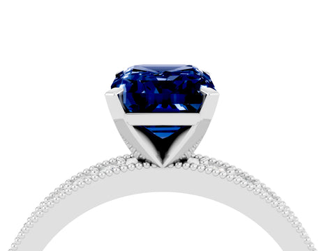 White gold Emerald Cut Blue Sapphire Milgrain Pavé Engagement Ring with Four-Prong Setting_16