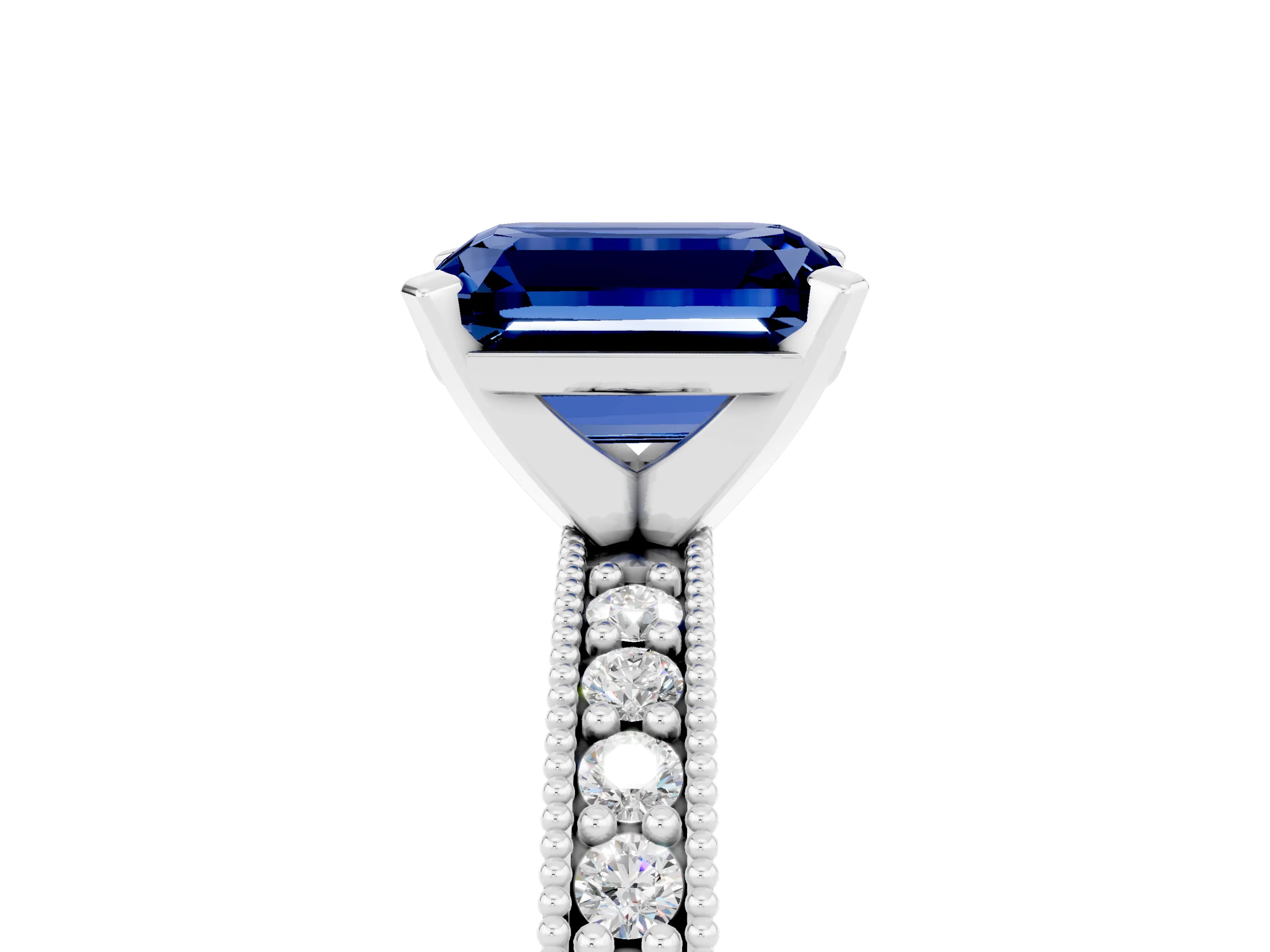 White gold Emerald Cut Blue Sapphire Milgrain Pavé Engagement Ring with Four-Prong Setting_17