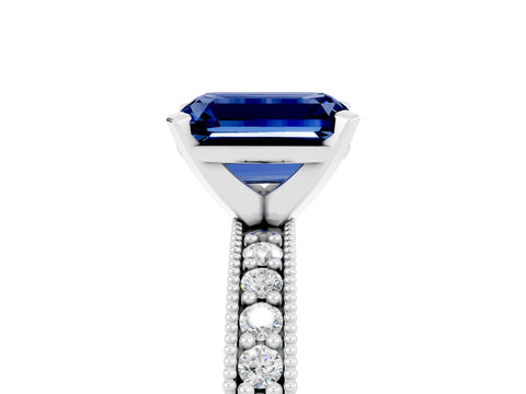 White gold Emerald Cut Blue Sapphire Milgrain Pavé Engagement Ring with Four-Prong Setting_17