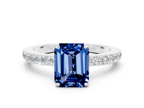 White gold Emerald Cut Blue Sapphire Pavé Engagement Ring with Round  Accents and Prong Setting_24