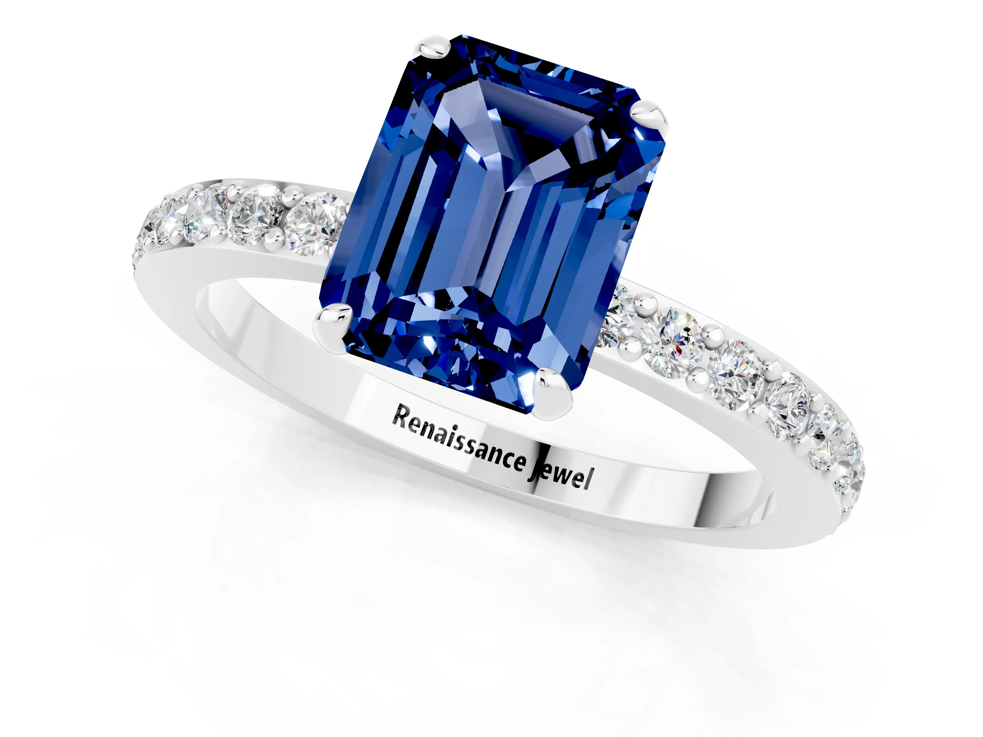 White gold Emerald Cut Blue Sapphire Pavé Engagement Ring with Round  Accents and Prong Setting_25