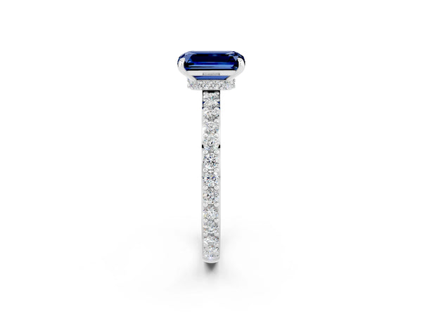 White gold Emerald Cut Blue Sapphire Pavé Engagement Ring with Round  Accents and Prong Setting