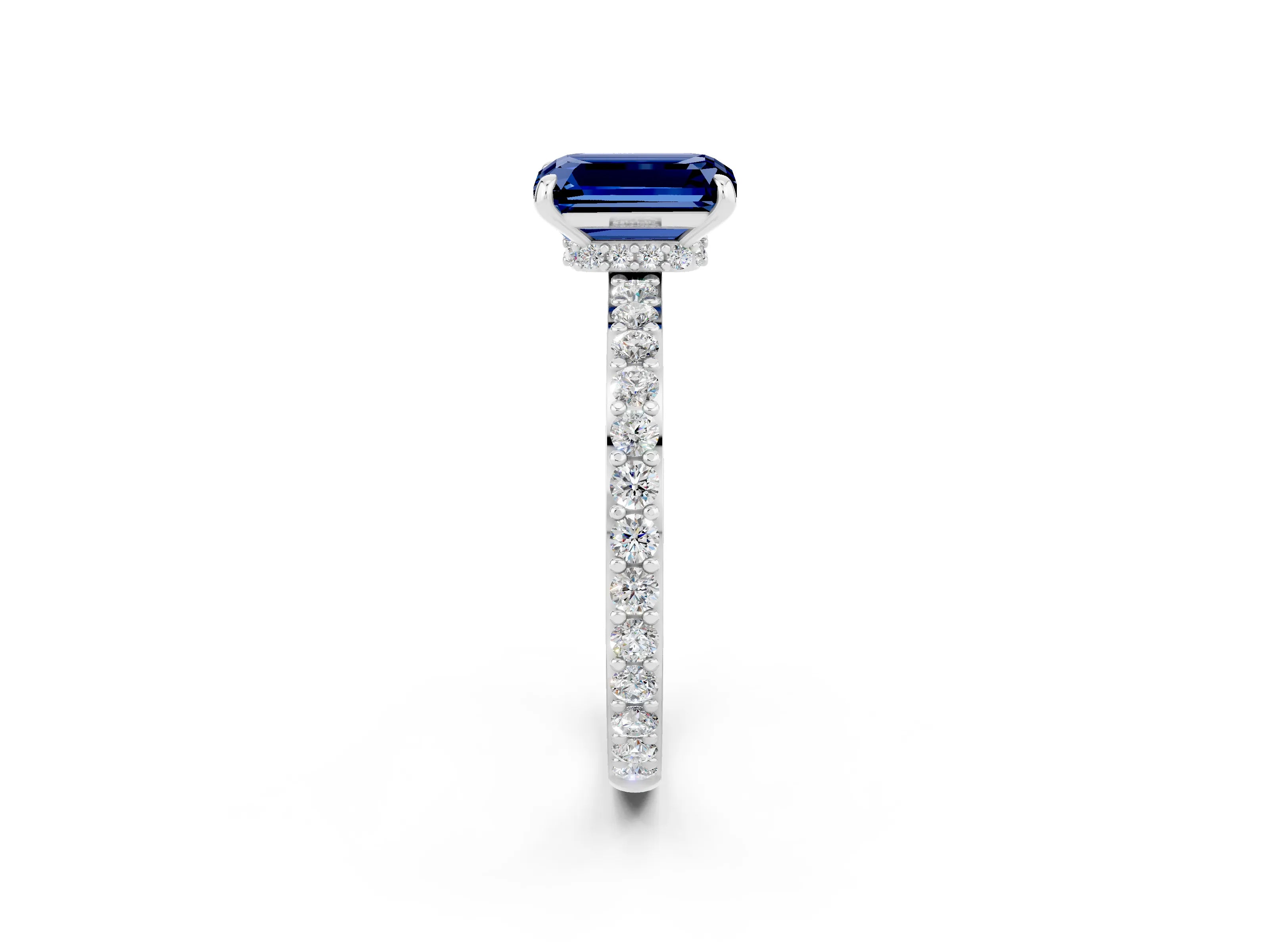 White gold Emerald Cut Blue Sapphire Pavé Engagement Ring with Round  Accents and Prong Setting_26