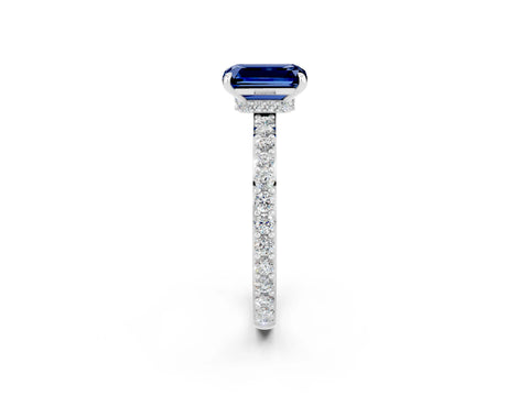 White gold Emerald Cut Blue Sapphire Pavé Engagement Ring with Round  Accents and Prong Setting_26