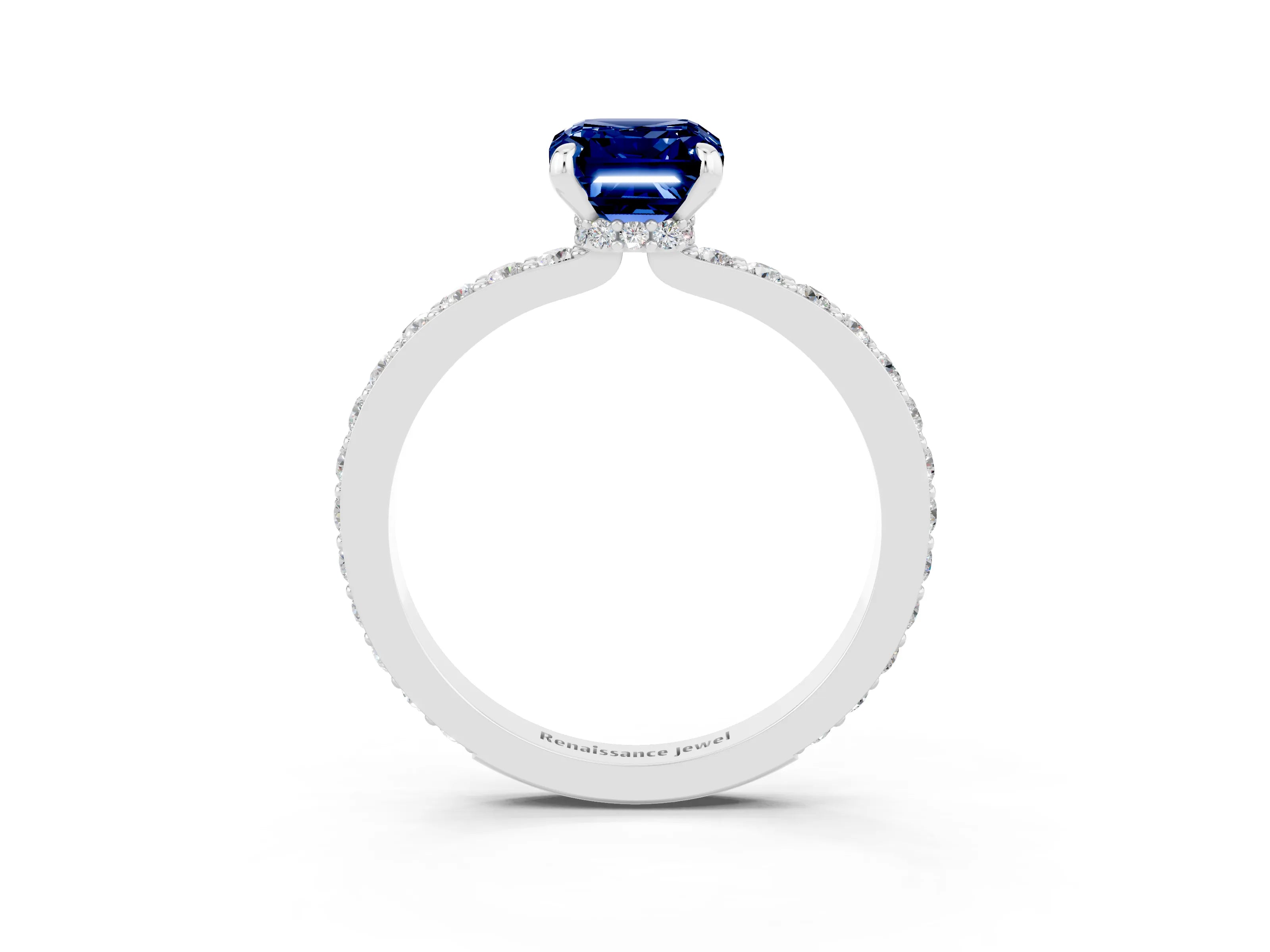White gold Emerald Cut Blue Sapphire Pavé Engagement Ring with Round  Accents and Prong Setting_27