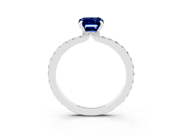 Silver Emerald Cut Blue Sapphire Pavé Engagement Ring with Round  Accents and Prong Setting