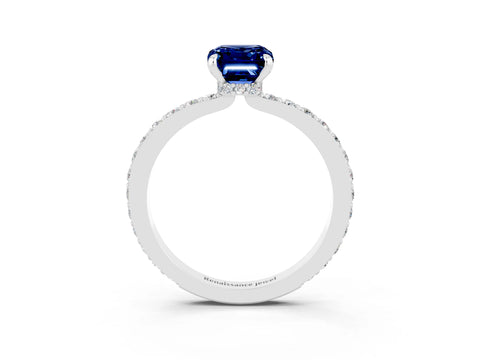 White gold Emerald Cut Blue Sapphire Pavé Engagement Ring with Round  Accents and Prong Setting_27