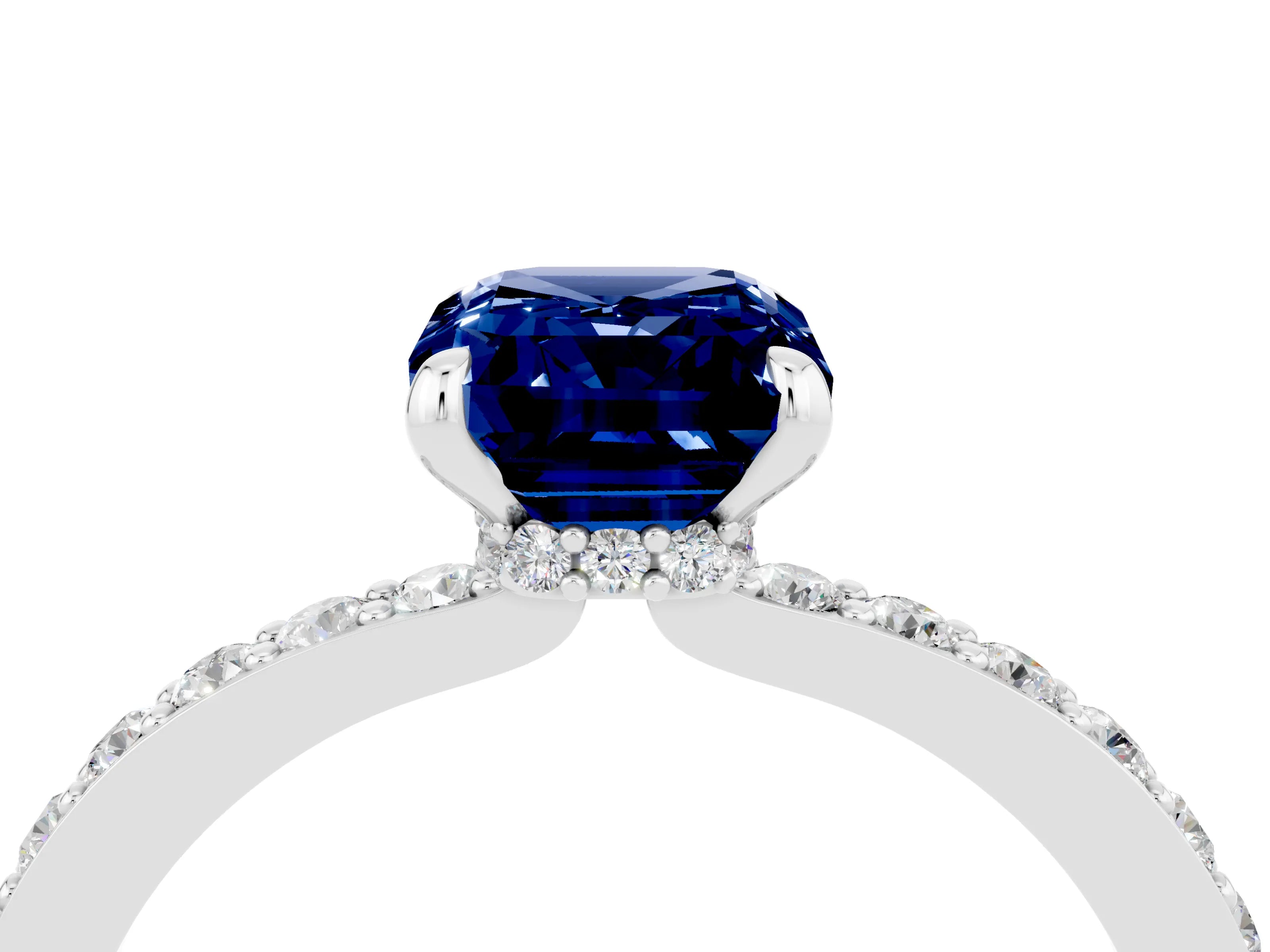 White gold Emerald Cut Blue Sapphire Pavé Engagement Ring with Round  Accents and Prong Setting_28
