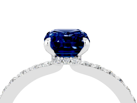 White gold Emerald Cut Blue Sapphire Pavé Engagement Ring with Round  Accents and Prong Setting_28
