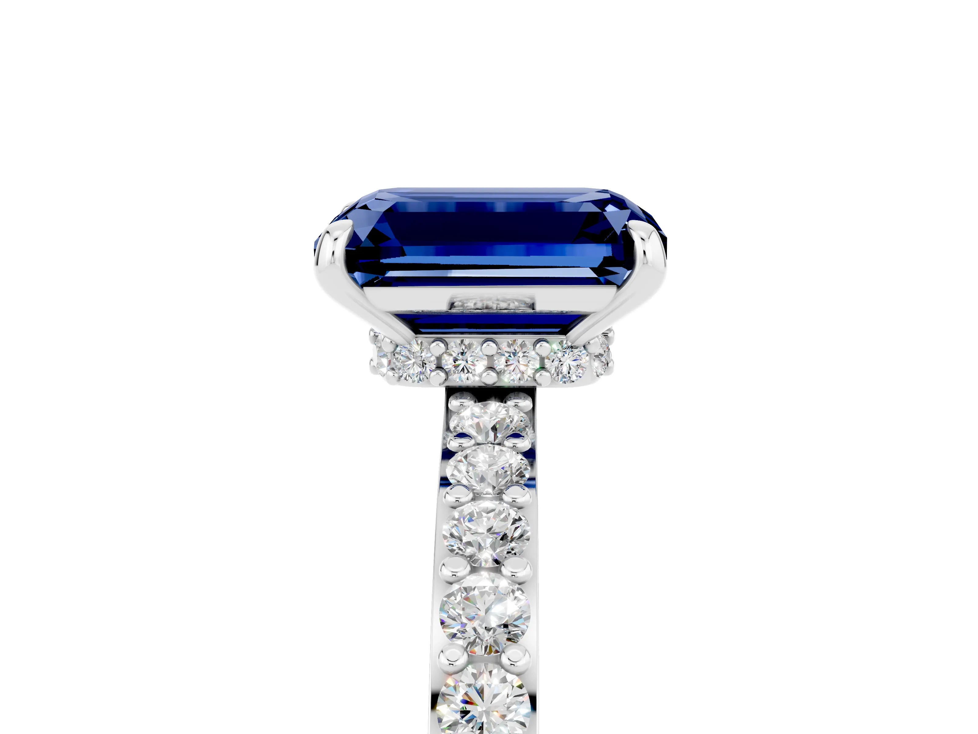White gold Emerald Cut Blue Sapphire Pavé Engagement Ring with Round  Accents and Prong Setting_29