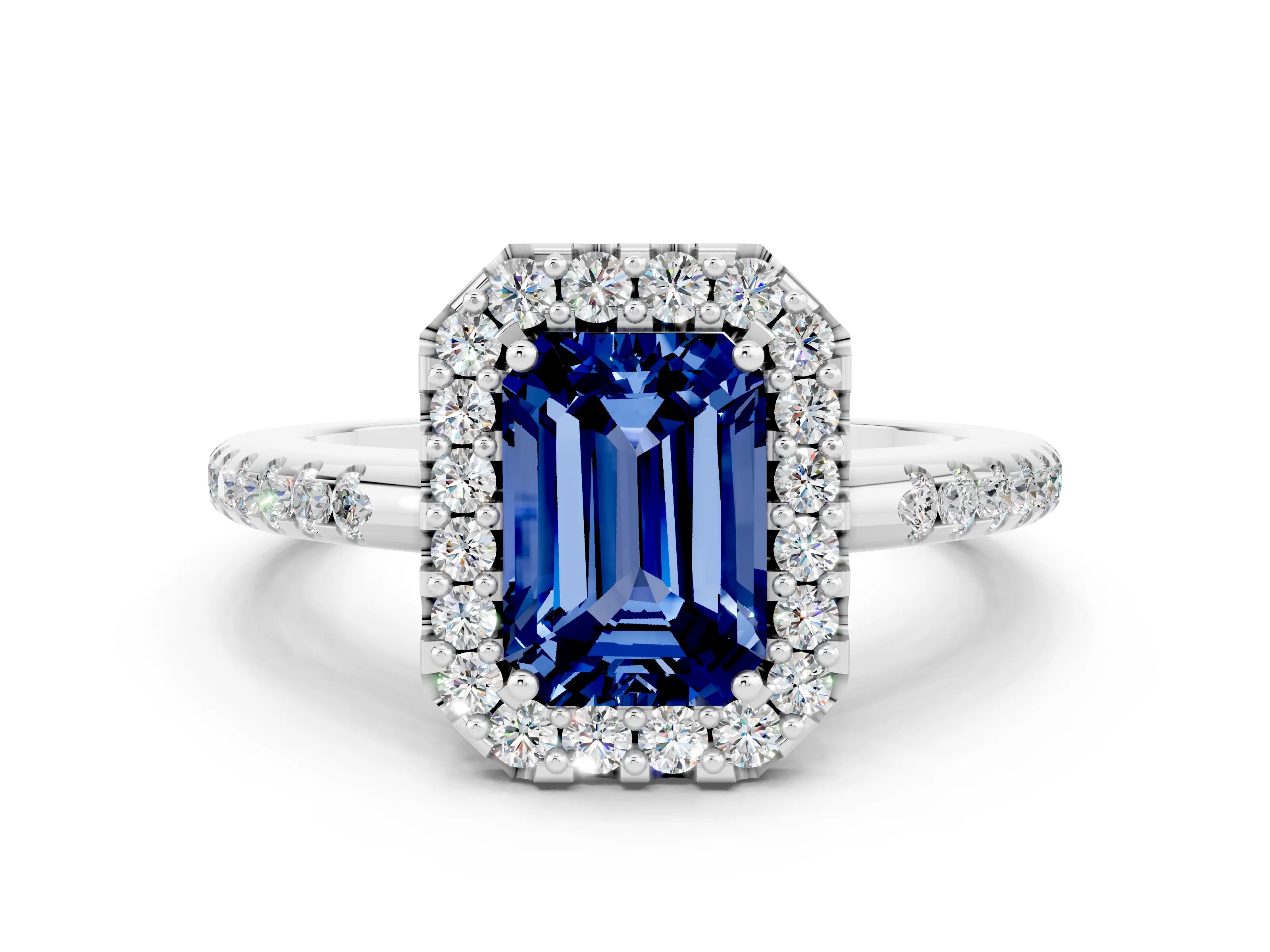 White gold Emerald Cut Blue Sapphire Pavé Halo Ring with Four-Prong Setting_12