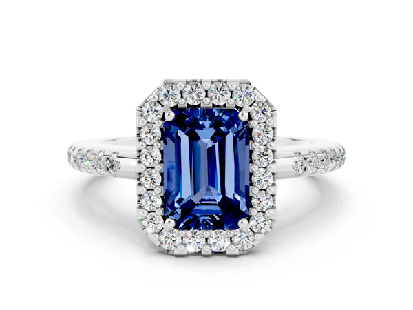 Platinum Emerald Cut Blue Sapphire Pavé Halo Ring with Four-Prong Setting