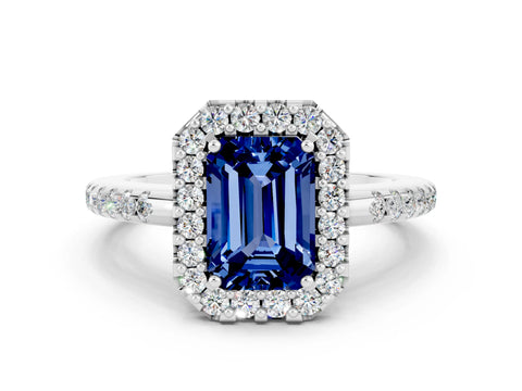 White gold Emerald Cut Blue Sapphire Pavé Halo Ring with Four-Prong Setting_12