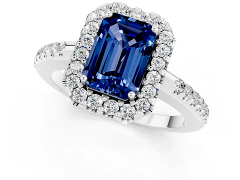White gold Emerald Cut Blue Sapphire Pavé Halo Ring with Four-Prong Setting_13