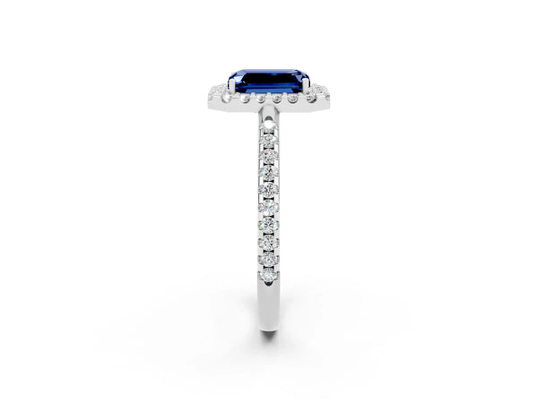 Platinum Emerald Cut Blue Sapphire Pavé Halo Ring with Four-Prong Setting