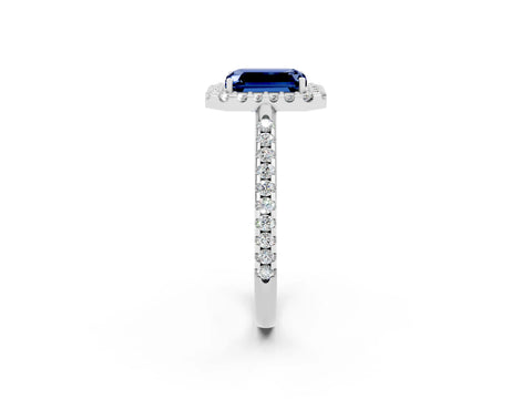 White gold Emerald Cut Blue Sapphire Pavé Halo Ring with Four-Prong Setting_14
