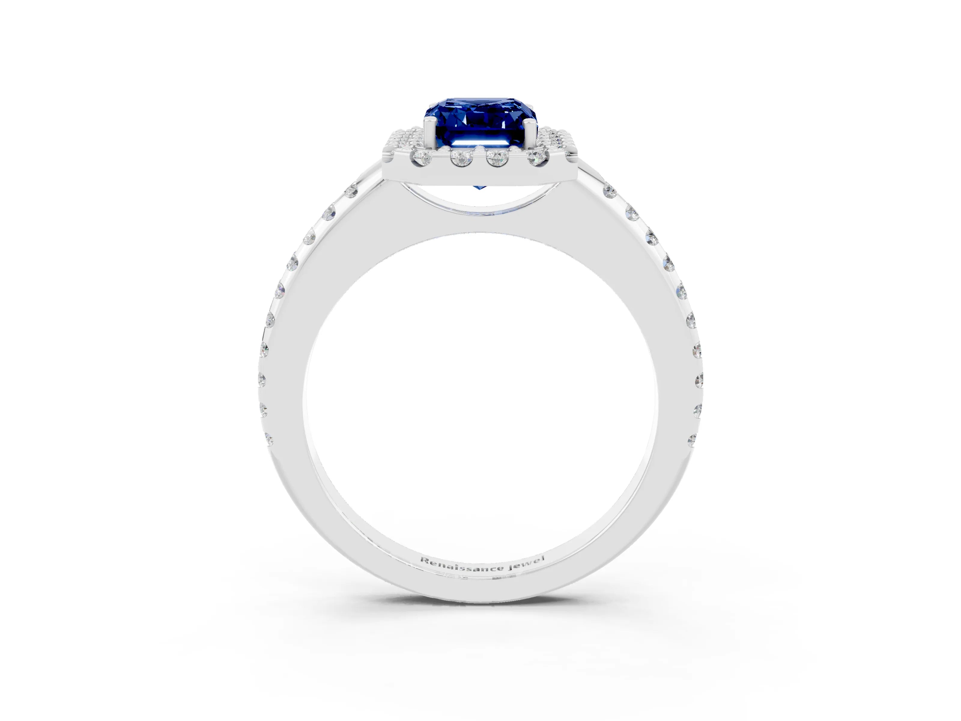 White gold Emerald Cut Blue Sapphire Pavé Halo Ring with Four-Prong Setting_15