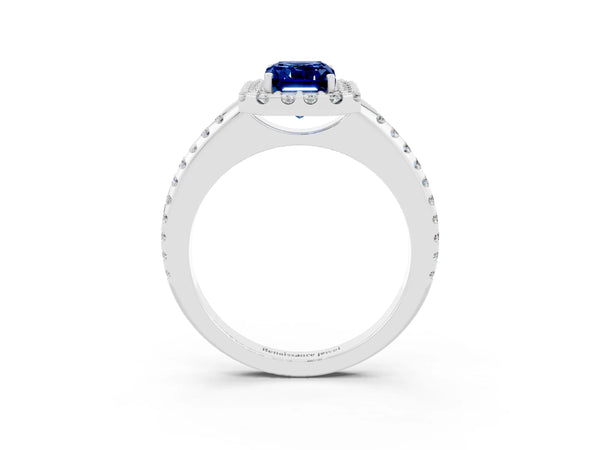 White gold Emerald Cut Blue Sapphire Pavé Halo Ring with Four-Prong Setting