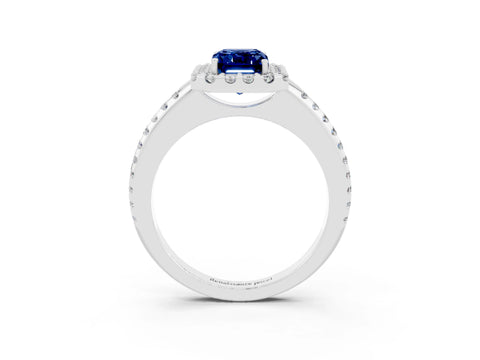White gold Emerald Cut Blue Sapphire Pavé Halo Ring with Four-Prong Setting_15