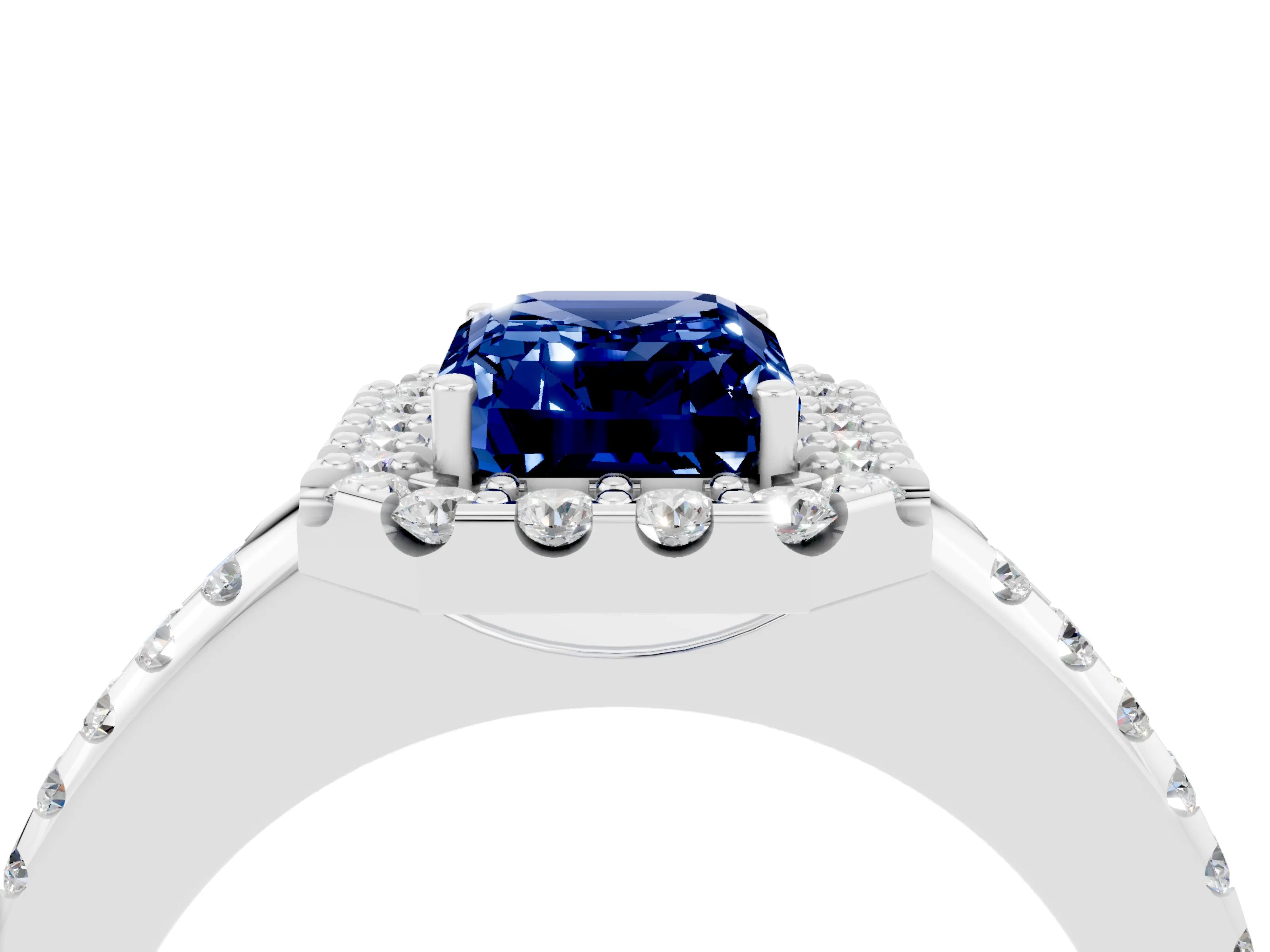 White gold Emerald Cut Blue Sapphire Pavé Halo Ring with Four-Prong Setting_16