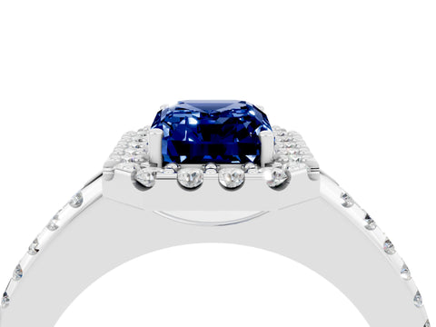 White gold Emerald Cut Blue Sapphire Pavé Halo Ring with Four-Prong Setting_16