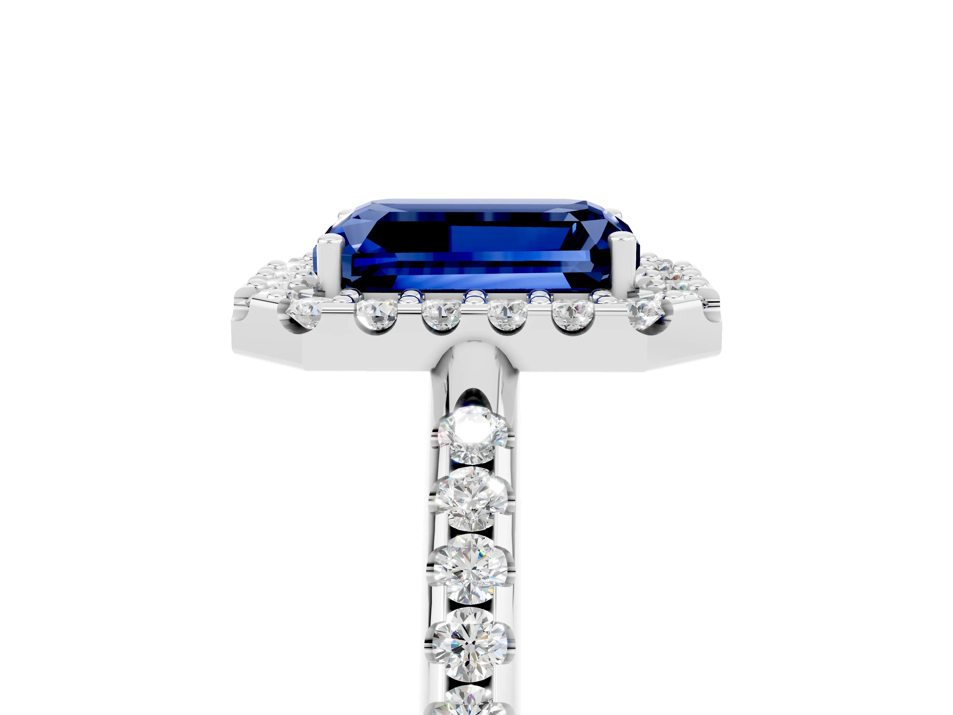 White gold Emerald Cut Blue Sapphire Pavé Halo Ring with Four-Prong Setting_17