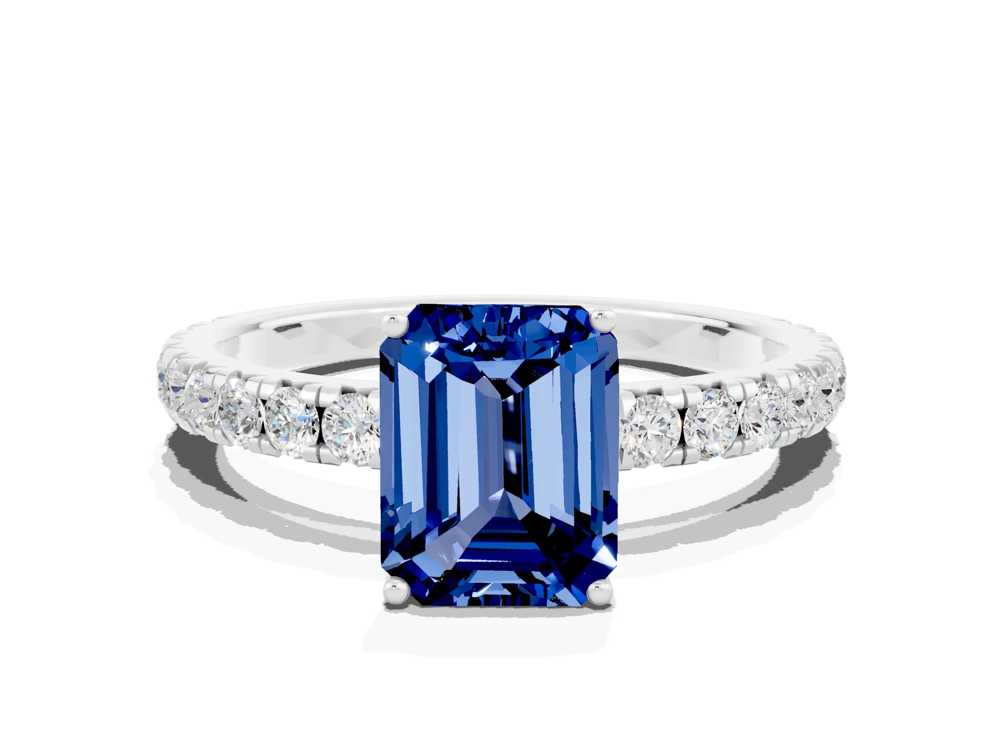 White gold Emerald Cut Blue Sapphire Pavé Solitaire Engagement Ring with Four-Prong Setting_12