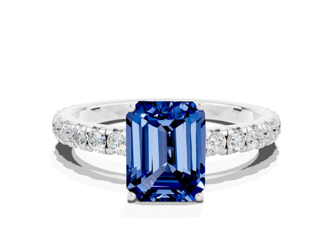 White gold Emerald Cut Blue Sapphire Pavé Solitaire Engagement Ring with Four-Prong Setting_12
