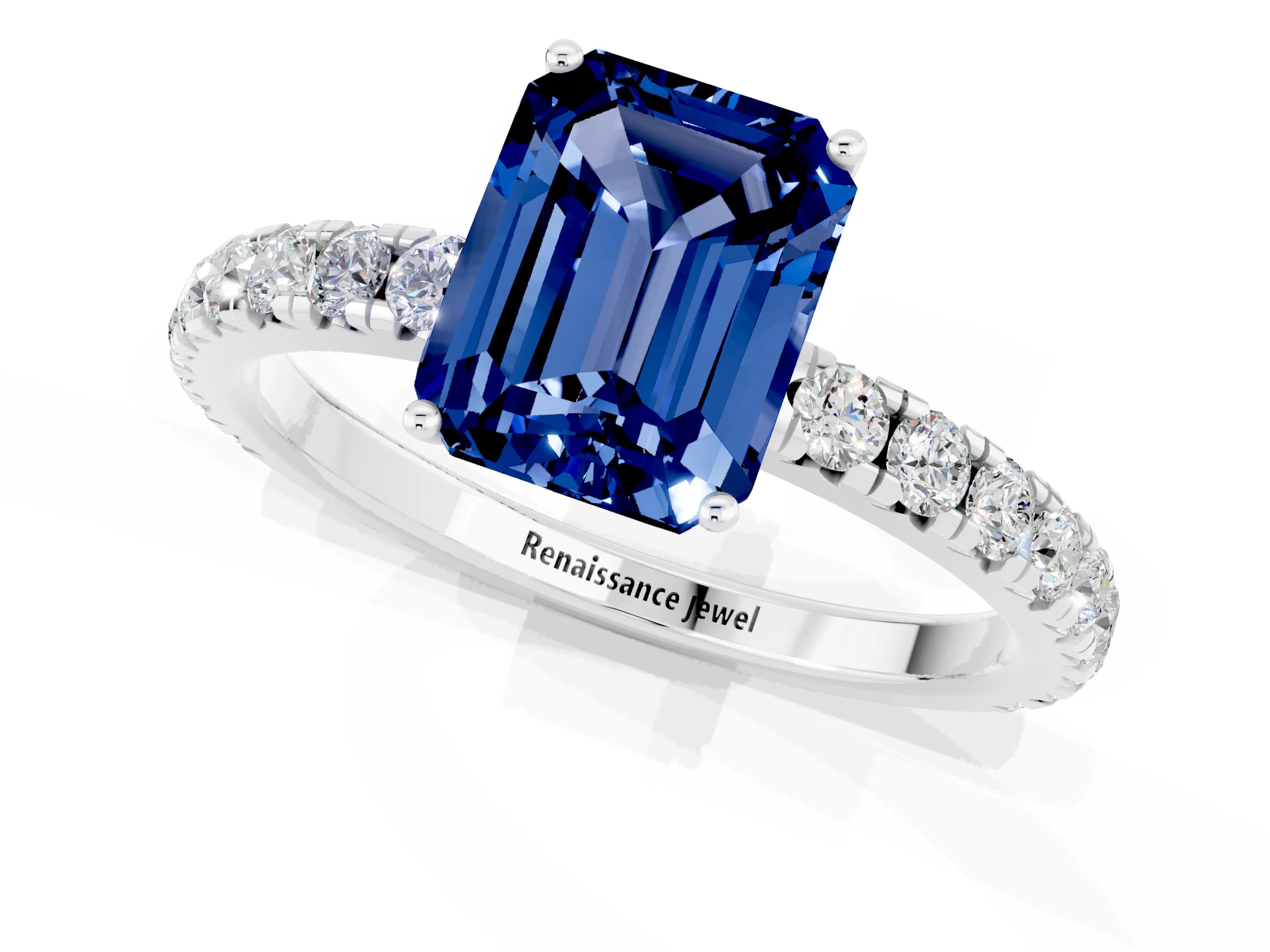 White gold Emerald Cut Blue Sapphire Pavé Solitaire Engagement Ring with Four-Prong Setting_13