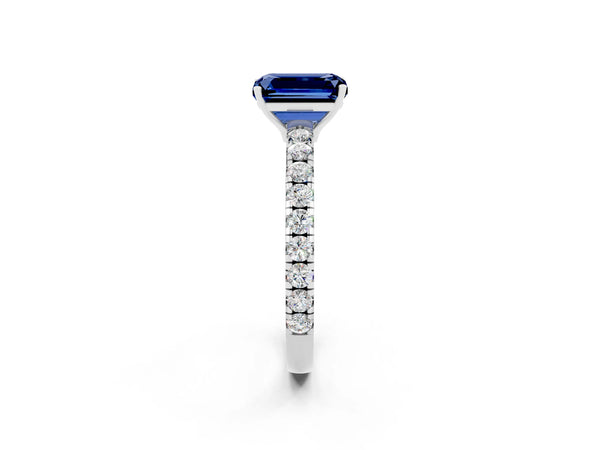 White gold Emerald Cut Blue Sapphire Pavé Solitaire Engagement Ring with Four-Prong Setting